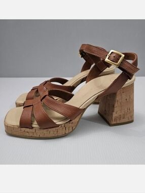 Paul Green Tina Cork Heel Sandal Womens EU 7 Cognac Brown Leather Fisherman NEW